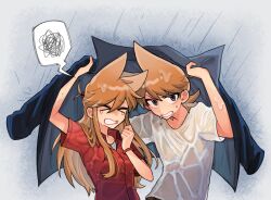 &gt;_&lt; 1boy 1girl arm_up black_coat bracelet breasts brown_hair buwangchuxingaoyixin chinese_commentary clenched_hand clenched_teeth closed_eyes closed_mouth coat collared_coat collared_shirt commentary_request dual_persona eddsworld grey_background grey_eyes hair_between_eyes hair_horns highres holding holding_coat holding_unworn_clothes jewelry long_hair looking_at_viewer ponytail rain red_shirt see-through_clothes see-through_shirt shirt short_hair short_ponytail short_sleeves sidelocks simple_background small_breasts spoken_squiggle squiggle sweat swept_bangs teeth tord_(eddsworld) tori_(eddsworld) unworn_coat upper_body wet wet_clothes wet_hair wet_shirt white_shirt