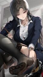 1girl bag black_bra black_hair black_shoes black_thighhighs blue_jacket blue_skirt bra bra_peek breasts buckle buttons ceiling chromatic_aberration collarbone collared_shirt facing_viewer feet foot_out_of_frame garter_straps grey_background hair_over_shoulder handbag high_heels highres indoors jacket jewelry lace lace-trimmed_thighhighs lace_trim large_breasts legs long_hair looking_down miniskirt necklace nonohachi office_lady original parted_bangs parted_lips pencil_skirt pink_eyes pink_nails pinstripe_jacket pinstripe_pattern pinstripe_skirt shirt shoes skirt solo straight_hair thighhighs toe_seam toes tsurime underwear unworn_shoes watch white_shirt wing_collar wristwatch