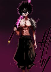 1boy abs action artist_request aura black_hair dark_background dark_clothes dark_fantasy dark_skin dynamic_pose fanart_digital full_body glowing glowing_eyes hakama headband japanese_clothes momotarou_(otogi_bukkoroshiamu) muscular otogi_bukkoroshiamu pink_sword serious source_request spiked_hair sword torn_clothes warrior weapon