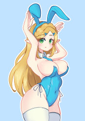 1girl animal_costume big_breasts blonde_hair blush breasts cleavage ducktracio female female_focus green_eyes leotard long_hair nintendo playboy_bunny pointy_ears princess_zelda rabbit_costume revealing_clothes the_legend_of_zelda the_legend_of_zelda:_tears_of_the_kingdom thighhighs unsure wide_hips zelda_(breath_of_the_wild) zelda_(tears_of_the_kingdom)