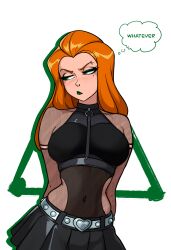 bare_shoulders belt black_skirt blush breasts buckle crop_top curvy fishnets frilled_skirt frills goth_fashion green_lips hands_behind heart heart-shaped_buckle highres large_breasts long_hair looking_to_the_side navel orange_hair pout sam_(totally_spies) silver_belt simple_background skirt speech_bubble text_focus totally_spies very_long_hair white_background wide_hips