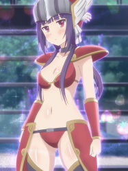 1girl armor bikini bikini_armor boots cosplay dragon_quest dragon_quest_iii female_focus gauntlets glowing highres kinoshita_ringo_(no-rin) long_hair navel no-rin parody purple_hair red_eyes screencap warrior_(dq3) solo swimsuit thigh_boots thighhighs warrior_(dq3)_(cosplay)