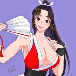 1girl armpit_peek bare_shoulders blush breasts brown_eyes brown_hair cleavage collarbone commentary dated fatal_fury folded_fan folding_fan hair_ornament hand_fan high_ponytail holding holding_fan hot large_breasts long_hair looking_at_viewer misodiru motoyui ninja open_mouth parted_bangs pink_lips ponytail purple_background sash shiranui_mai sidelocks signature simple_background smile solo street_fighter street_fighter_6 sweat symbol-only_commentary the_king_of_fighters upper_body