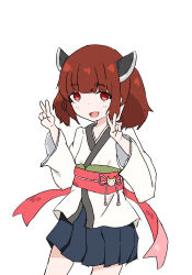 Rule 34 | 1girl, absurdres, black hakama, blush, bow, brown hair, double v, hakama, headgear, highres, japanese clothes, kimono, long sleeves, looking at viewer, nukegara (pixiv 46266320), obi, open mouth, red bow, red eyes, sash, short hair, smile, standing, touhoku kiritan, v, voiceroid, waist bow, white background, white kimono, wide sleeves