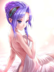 1girl back bed_sheet blue_eyes blue_hair breasts goto_p hanamura_shiki heaven_burns_red highres long_hair looking_back naked_sheet on_bed parted_bangs sheet_grab shoulder_blades