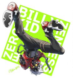 1boy aalto1031 abs arms_up belt billy_kid black_belt black_pants chain character_name commentary copyright_name cropped_jacket cyborg dual_wielding full_body glowing glowing_eyes gun handgun highres holding holding_gun holding_weapon jacket looking_at_viewer male_focus midriff outstretched_arm pants pouch red_jacket shoes short_hair solo studded_belt thigh_pouch twitter_username uneven_eyes upside-down weapon white_hair yellow_eyes zenless_zone_zero