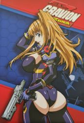 1girl ass ass_cutout ass_focus blonde_hair blue_eyes bodysuit breasts chaps choujuushin_gravion choujuushin_gravion_zwei clothing_cutout gun handgun highres huge_ass large_breasts lowres magnum official_art pistol smile solo tachibana_mizuki underlug weapon
