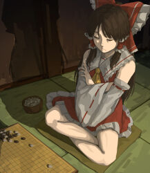 1010kman 1girl board_game bow brown_hair closed_eyes closed_mouth crossed_arms cushion detached_sleeves go_(board_game) hair_bow hair_tubes hakurei_reimu highres indian_style long_hair red_bow red_shirt red_skirt ribbon-trimmed_sleeves ribbon_trim shirt sidelocks sitting skirt sleeveless sleeveless_shirt solo tatami thinking touhou zabuton
