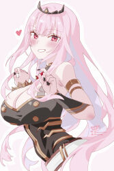 1girl absurdres armlet bare_shoulders belt black_dress black_nails black_tiara blush bracelet breasts commentary dress english_commentary fingernails grin heart highres hololive hololive_english jewelry kamiya_maneki large_breasts long_hair looking_at_viewer mori_calliope mori_calliope_(1st_costume) nail_polish pink_eyes pink_hair signature simple_background smile solo tiara twitter_username virtual_youtuber white_background white_belt