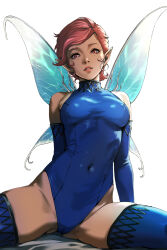 1girl blue_gloves blue_leotard blue_thighhighs brown_eyes brown_hair cameltoe covered_erect_nipples covered_navel elbow_gloves fairy fairy_wings gloves gluteal_fold highleg highleg_leotard highres leotard looking_at_viewer macossa parted_lips pixie_(megami_tensei) pointy_ears shin_megami_tensei short_hair solo spread_legs thighhighs very_short_hair wings