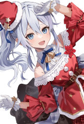 Rule 34 | bare shoulders, bell, belt, belt around waist, blue eyes, blue hair, blue ribbon, bow, bowtie, brown belt, detached sleeves, dress, frilled sleeves, frills, grey hair, hand on own head, hat, hat ornament, highres, light blush, long hair, motto (night wear), neck bell, nijisanji, open mouth, red skirt, ribbon, santa costume, santa hat, side ponytail, skirt, star (symbol), star hat ornament, waist ribbon, white background, yukishiro mahiro