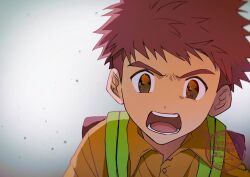 Rule 34 | 2boys, backpack, bag, black eyes, brown hair, digimon, digimon adventure, eye reflection, grey background, izumi koshiro, limit deji, multiple boys, orange shirt, reflection, shirt, simple background, solo focus, upper body, yagami taichi