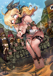 Rule 34 | 3girls, 6+boys, armband, barefoot, bdsm, bikini, blonde hair, bondage, boots, bound, bound ankles, bound arms, bound wrists, breasts, brown hair, camouflage, camouflage bikini, captured, day, defeat, dog tags, explosive, fio germi, full body, gagged, highres, imminent death, kaneeru, kasamoto eri, knee pads, large breasts, long hair, looking down, metal slug, military uniform, mine (weapon), multiple boys, multiple girls, nadia cassel, outdoors, peril, prisoner of war (metal slug), rebel soldier (metal slug), red hair, sand, side-tie bikini bottom, snk, swimsuit, variant set