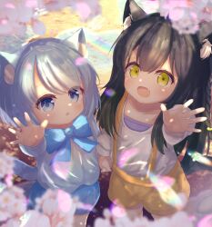 animal_ear_fluff animal_ears bemani black_hair blue_bow blue_bowtie blue_eyes bow bowtie butterfly_cat cat_ears cat_girl cat_tail chrocatz commentary_request fang fuyutsuki_tooya highres holding_hands long_hair looking_at_viewer open_mouth sakura_moyu shirt short_hair shorts skin_fang sound_voltex suspender_shorts suspenders tail white_shirt yellow_eyes yellow_shorts