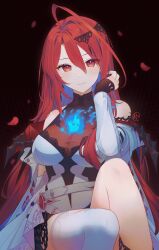 1girl aftergardens ahoge belt black_background blue_fire blue_hair blush breasts cleavage colored_inner_hair commentary dress elizabeth_rose_bloodflame elizabeth_rose_bloodflame_(1st_costume) english_commentary eyelashes falling_petals fire fire_on_chest hair_between_eyes highres hololive hololive_english huge_ahoge knee_up large_breasts long_hair looking_at_viewer multicolored_hair petals red_eyes red_hair rose_petals see-through_cleavage see-through_clothes single_thighhigh sitting smile solo thighhighs two-tone_hair very_long_hair virtual_youtuber white_belt white_thighhighs