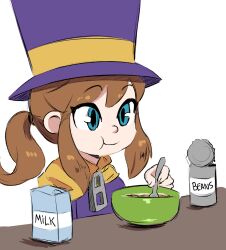 1girl a_hat_in_time beans blue_eyes bowl brown_hair can cape closed_mouth commentary english_commentary english_text hair_tie hat hat_kid holding holding_spoon jacket label looking_ahead medium_hair milk open_can ponytail purple_hat purple_jacket simple_background solo spicy_bardo spoon top_hat upper_body white_background yellow_cape zipper_pull_tab
