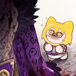 Rule 34 | 1boy, 1girl, :3, animal ears, blonde hair, blush, cat ears, chain, chain necklace, coat, don quixote (project moon), facial mark, felyne, flaw eight, jacket, jewelry, limbus company, middle (identity) (project moon), monster hunter (series), necklace, orange eyes, project moon, purple coat, purple jacket, ricardo (project moon), short hair, sparkling eyes