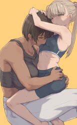2girls ass black_hair blonde_hair breast_sucking breast_sucking_through_clothes breasts closed_eyes dark-skinned_female dark_skin grabbing_another&#039;s_ass groping hand_on_another&#039;s_ass hand_on_another&#039;s_waist hands_on_another&#039;s_head height_difference highres hug kei_(m_k) kiss large_breasts long_hair m_k multiple_girls navel one_eye_closed original petite ponytail rika_(m_k) short_hair simple_background sitting sitting_on_leg sitting_on_person size_difference stomach sweat tall_female tomboy yellow_background yuri