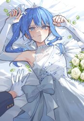 1girl 1other absurdres bed_sheet blue_eyes blue_hair blue_ribbon blush bow commentary_request double-parted_bangs dress dress_bow elbow_gloves flat_chest flower frilled_dress frills gloves hair_between_eyes hair_ribbon highres hololive hoshimachi_suisei looking_at_viewer lying medium_hair on_back pov pov_hands ribbon rose short_sleeves side_ponytail sidelocks single_sleeve solo_focus star_(symbol) star_in_eye symbol_in_eye tiara tsukino_(nakajimaseiki) virtual_youtuber wedding_dress white_dress white_flower white_gloves white_rose wide_sleeves
