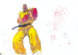 1boy angry brown_hair clenched_hands concept_art cornrows dark-skinned_male dark_skin dougi dreadlocks fighting_stance fingerless_gloves from_below game_cg gloves highres karate_gi looking_down male_focus mma_gloves muscular muscular_male nishimura_kinu non-web_source official_art orange_eyes red_gloves sean_matsuda solo solo_focus street_fighter street_fighter_iii_(series) teeth