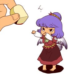 Rule 34 | 1girl, 1other, barefoot, black eyes, brown skirt, commentary request, feathered wings, food, full body, hair bun, layered sleeves, long sleeves, mini person, minigirl, onikobe rin, purple hair, red shirt, shirt, short hair, short over long sleeves, short sleeves, simple background, single hair bun, skirt, solo focus, standing, touhou, white background, white wings, wings, yasaka kanako