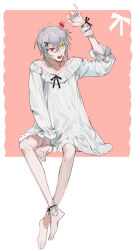 1boy androgynous arm_up barefoot collarbone crossdressing dress food frilled_dress frills fruit full_body grey_hair hair_between_eyes hair_ornament heterochromia highres holding holding_food holding_fruit invisible_chair long_sleeves mahoutsukai_no_yakusoku male_focus open_mouth pink_background qyzhiaiyisheng red_eyes short_hair simple_background sitting strawberry tongue yellow_eyes