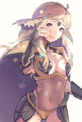 1girl blonde_hair cape collarbone female_focus fire_emblem fire_emblem_fates fire_emblem_heroes lips looking_at_viewer mimiton navel nintendo ophelia_(fire_emblem) panties simple_background solo star underwear white_background yellow_cape yellow_panties