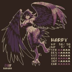 Rule 34 | 1girl, animal ears, artist name, bare shoulders, bird ears, bird legs, breasts, cleavage, commentary request, feathered wings, harpy, highres, large breasts, limited palette, long hair, midriff, monster girl, navel, original, pixel art, pointy ears, solo, specialhanako, stats, talons, winged arms, wings
