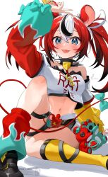 1girl :p animal_ears asymmetrical_legwear asymmetrical_sleeves bare_shoulders black_hair black_shoes blue_eyes bow breasts collar colored_tips commentary_request crop_top cropped_shirt crossed_bangs dice_hair_ornament double-parted_bangs flame_print hair_between_eyes hair_ornament hakos_baelz hakos_baelz_(1st_costume) highres hololive hololive_english kito_koruta kneehighs layered_sleeves long_sleeves looking_at_viewer medium_breasts midriff miniskirt mismatched_legwear mismatched_sleeves mouse_ears mouse_girl mouse_tail mousetrap mr._squeaks_(hakos_baelz) multicolored_hair multicolored_skirt navel off-shoulder_shirt off_shoulder red_hair shirt shoes short_over_long_sleeves short_sleeves simple_background single_kneehigh single_sock sitting skirt socks solo spiked_collar spikes streaked_hair tail tail_bow tail_ornament thigh_strap tongue tongue_out twintails virtual_youtuber watermark white_background white_hair white_shirt