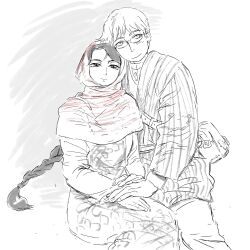 1boy 1girl bag braid braided_ponytail greyscale hand_on_another&#039;s_hand handbag henry_smith_(otoyomegatari) highres hijab karakalpak_clothes long_hair monochrome otoyomegatari talas_(otoyomegatari) user_zecg5533 uzbek_clothes very_long_hair