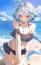 1girl ahoge alternate_costume beach bikini black_bikini drop-shaped_pupils eiihleeinq8wzfl furina_(genshin_impact) genshin_impact heart heart_ahoge heterochromia highres multicolored_hair navel pov pov_hands sand solo streaked_hair swimsuit symbol-shaped_pupils water