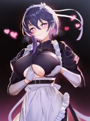 1girl apron arm_between_breasts azur_lane bellona_(armed_to_clean)_(azur_lane) bellona_(azur_lane) belt between_breasts black_belt black_dress breast_hold breasts chest_belt closed_mouth clothing_cutout commentary_request commission cowboy_shot dress gao_kawa gloves grey_hair hair_between_eyes heart heart-shaped_pupils highres juliet_sleeves large_breasts long_sleeves looking_at_viewer maid maid_apron maid_headdress official_alternate_costume puffy_sleeves purple_eyes short_hair sidelocks skeb_commission smile solo standing steam symbol-shaped_pupils underboob underboob_cutout white_gloves