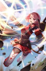 1girl armor attack bodystocking braid cape claymore_(sword) covered_navel fire_emblem fire_emblem_engage gloves hair_ribbon hairband holding holding_weapon incoming_attack kaijuicery lapis_(fire_emblem) nintendo open_mouth pink_eyes pink_hair red_armor red_hairband ribbon short_hair side_braid solo swept_bangs sword two-tone_hairband weapon white_ribbon