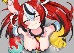 1girl absurdres anger_vein animal_ears bare_shoulders black_hair breasts cleavage closed_eyes closed_mouth collar detached_sleeves hakos_baelz hakos_baelz_(1st_costume) highres hololive hololive_english large_breasts mouse_ears mouse_girl multicolored_hair nobarts red_hair solo spiked_collar spikes streaked_hair through_wall two_side_up virtual_youtuber white_hair