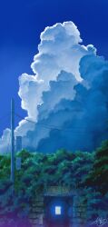 absurdres aki_(aki_k6) blue_sky bush cloud commentary_request cumulonimbus_cloud highres hill no_humans original power_lines scenery sign signature sky tree tunnel utility_pole variant_set