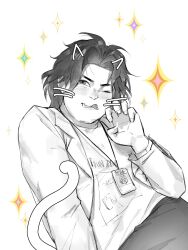 Rule 34 | 1boy, animal ears, black hair, bobby (kpop demon hunters), cat ears, cat tail, claw pose, closed mouth, colaoaoiacquy, commentary, drawn ears, drawn whiskers, english commentary, greyscale, highres, kpop demon hunters, long hair, looking at viewer, male focus, monochrome, one eye closed, partially colored, smile, sparkle, tail, tongue, tongue out, white background
