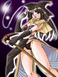 Rule 34 | 1girl, 2000s (style), bikini, bikini top only, black gloves, black panties, blue eyes, blush, breasts, brown bikini, brown capelet, brown hair, brown hat, brown skirt, capelet, cleavage, commentary request, elbow gloves, feet out of frame, gloves, hat, lace, lace panties, long hair, looking at viewer, mage (ragnarok online), mage staff, midriff, open mouth, panties, pelvic curtain, purple background, ragnarok online, showgirl skirt, simple background, skirt, small breasts, solo, swimsuit, tatsumi ray, underwear, witch hat