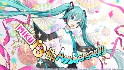 1girl :d anniversary aqua_eyes aqua_hair aqua_necktie banner black_skirt black_sleeves blurry breasts character_name collared_shirt colorful_palette commentary_request confetti copyright_notice depth_of_field detached_sleeves hair_between_eyes hatsune_miku headset holding long_sleeves necktie official_art open_mouth pleated_skirt project_sekai shirt skirt sleeveless sleeveless_shirt smile solo star_(symbol) streamers tie_clip tongue twintails vocaloid white_shirt