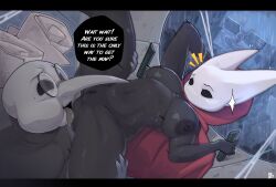 1boy 1girl absurdres black_skin blush breasts clothed_male_nude_female clothes colored_skin cornifer cumbread english_text highres hollow_knight hornet_(hollow_knight) leg_grab licking looking_at_viewer medium_breasts nipples nude open_mouth partially_undressed pussy surprised tongue tongue_out