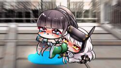 2girls animated ass biting biting_ass black_hair chokilicious eve_(stellar_blade) goddess_of_victory:_nikke long_hair multiple_girls snow_white_(nikke) stellar_blade tagme tears tight_clothes video water white_hair yuri