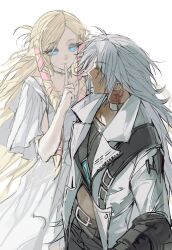 2girls absurdres anjiaoyu archon_mark belt blonde_hair blue_eyes choker coat cowboy_shot dress eye_contact final_fantasy final_fantasy_xiv genderswap genderswap_(mtf) hair_ribbon highres hyur index_finger_raised long_hair looking_at_another minfilia_warde multiple_girls neck_tattoo no_pupils ribbon simple_background smile tattoo thancred_waters white_background white_choker white_coat white_dress white_hair yellow_eyes