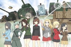 Rule 34 | 10s, 6+girls, absurdres, anchovy (girls und panzer), anzio (emblem), anzio military uniform, asymmetrical bangs, belt, black hair, black hat, black jacket, black necktie, black ribbon, black shirt, black skirt, blazer, blonde hair, blouse, blue eyes, blue shirt, braid, brown eyes, brown hair, brown jacket, bt-42, carro veloce cv-33, carrying, chi-hatan military uniform, churchill (tank), closed eyes, closed mouth, cloud, cloudy sky, commentary request, cup, darjeeling (girls und panzer), day, diffraction spikes, dress shirt, emblem, fang, garrison cap, girls und panzer, green jacket, grey jacket, grey pants, grey skirt, grin, hair intakes, hair ribbon, hand on own hip, hat, highres, holding, holding instrument, holding riding crop, hoshikawa (hoshikawa gusuku), instrument, jacket, kantele, katyusha (girls und panzer), kay (girls und panzer), keizoku (emblem), keizoku school uniform, kuromorimine military uniform, lens flare, light smile, long hair, long sleeves, looking at viewer, m4 sherman, mika (girls und panzer), military, military hat, military uniform, military vehicle, miniskirt, motor vehicle, multiple girls, necktie, nishi kinuyo, nishizumi maho, nonna (girls und panzer), open clothes, open jacket, open mouth, outdoors, pants, pleated skirt, pravda (emblem), pravda school uniform, raised fist, red jacket, red shirt, red skirt, ribbon, riding crop, saucer, saunders (emblem), saunders school uniform, school uniform, shirt, short hair, shoulder belt, shoulder carry, side-by-side, skirt, sky, sleeves rolled up, smile, st. gloriana&#039;s (emblem), st. gloriana&#039;s military uniform, standing, striped clothes, striped shirt, swept bangs, t-34, tank, teacup, thighhighs, thumbs up, tiger i, turtleneck, twin braids, type 97 chi-ha, vertical-striped clothes, vertical-striped shirt, white legwear, white shirt, yellow skirt