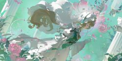 1girl absurdres aqua_background aqua_eyes bandaged_hand bandages blonde_hair broken_pillar bug butterfly butterfly_on_hand chl---- column dress dutch_angle flower from_side hand_up highres insect juliet_sleeves long_dress long_hair long_sleeves looking_at_animal lorelei_(reverse:1999) pillar pink_butterfly pink_flower profile puffy_sleeves reverse:1999 solo upper_body veil very_long_hair white_butterfly white_dress white_veil wide_sleeves