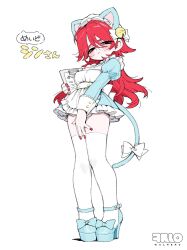 1girl animal_ears aqua_dress blush breasts closed_mouth dress fake_animal_ears full_body half-closed_eyes highres long_hair looking_at_viewer medium_breasts original red_hair simple_background solo thighhighs white_background white_thighhighs wolrero