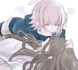 Rule 34 | 1boy, 1girl, black jacket, black thighhighs, breast pocket, brown hair, danganronpa (series), danganronpa 2: goodbye despair, flipped hair, from side, green necktie, half-closed eyes, halo, highres, jacket, kamukura izuru, long hair, long sleeves, miniskirt, nanami chiaki, necktie, pink eyes, pink hair, pleated skirt, pocket, profile, sagara (2332kcal), shirt, short sleeves, skirt, smile, spiked hair, thighhighs, white shirt, wings