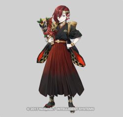 1boy animal_ears azu-taro bat_ears black_socks circlet elm_(fire_emblem) elm_(new_year)_(fire_emblem) emblem fire_emblem fire_emblem_heroes full_body grey_background hagoita hair_over_one_eye japanese_clothes kimono looking_at_viewer male_focus nintendo official_art paddle red_hair rope sandals shimenawa smile socks solo tabi trap zouri