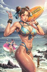 2girls beach bikini capcom cedric_poulat chun-li donut_innertube multiple_girls ocean street_fighter swimsuit v wet
