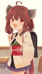 Rule 34 | 1girl, absurdres, ahoge, backpack, bag, blush, brown hair, headgear, highres, japanese clothes, kimono, looking at viewer, open mouth, randoseru, red eyes, sechin, short kimono, short yukata, signature, skirt, solo, sparkle, teeth, touhoku kiritan, upper teeth only, voiceroid, yukata