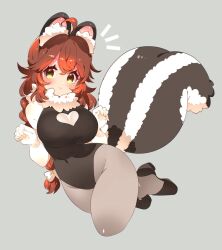 1girl ahoge animal_ear_fluff animal_ears black_leotard black_pantyhose black_shoes blush braid breasts brown_hair fur_collar green_eyes highleg highleg_leotard highres large_breasts leotard long_hair original pantyhose shoes skunk_ears skunk_girl skunk_tail smile solo tail thighs toconikky