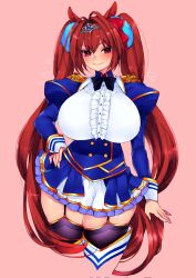 1girl alternate_breast_size_(larger) animal_ears arm_at_side bow bowtie breasts center_frills cropped_legs daiwa_scarlet_(umamusume) epaulettes fang framed_breasts frilled_skirt frills hair_intakes hand_on_own_hip heart highres horse_ears horse_girl horse_tail large_breasts long_hair pink_background red_eyes skin_fang skirt solo tail takako_(alice0hatter) thighhighs tiara twintails umamusume very_long_hair